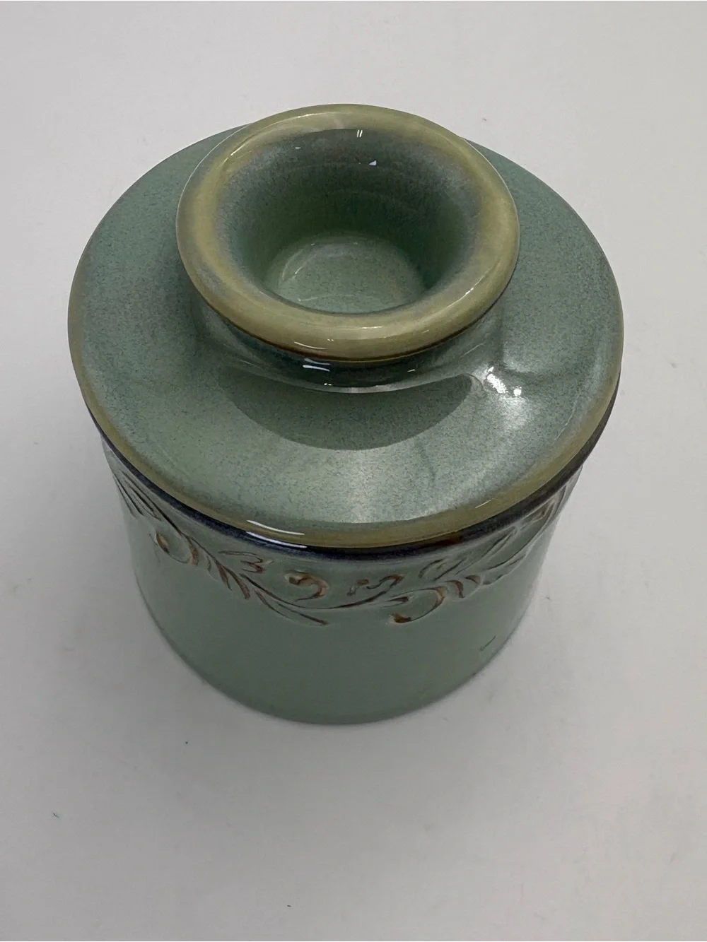 Green Ceramic Butter Bell Crock with Decorative Scroll Band